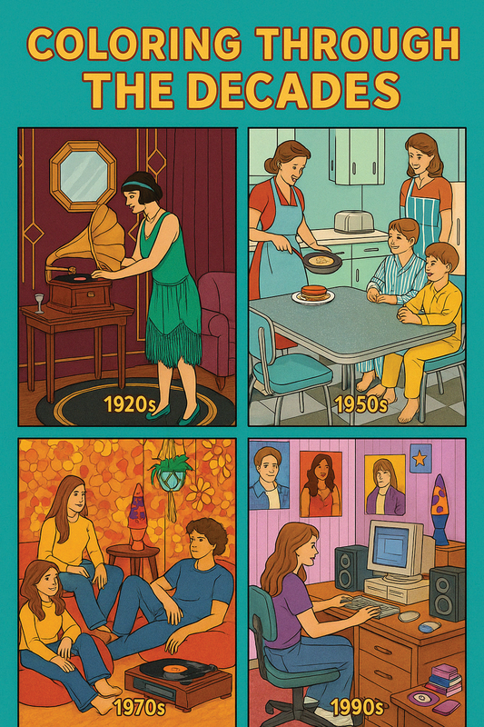 COLORING THROUGH THE DECADES: A Historical Coloring Book of Vintage Scenes from the 1920s to Today