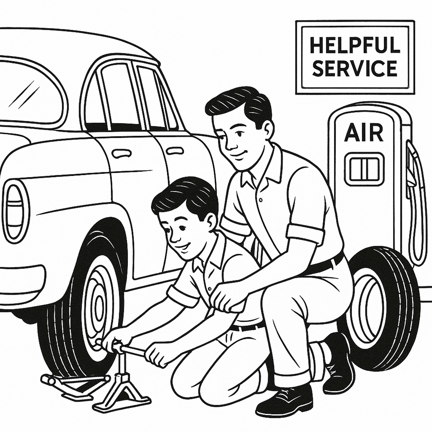 RETRO ROADSIDE SERVICE: A Coloring Tribute to 1950s Gas Stations & Car Culture